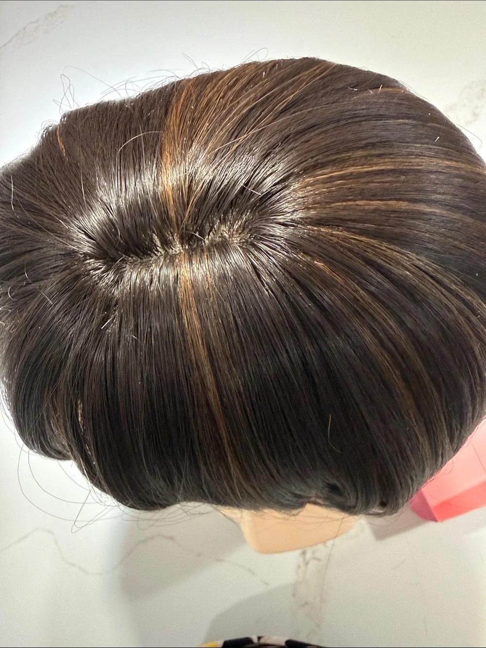 HAIR, 10” Topper, Straight, Off Center Part, with Bangs, Brown